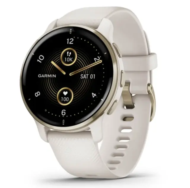 Venu 2 PlusCream Gold Stainless Steel Bezel with Ivory Case and Silicone Band